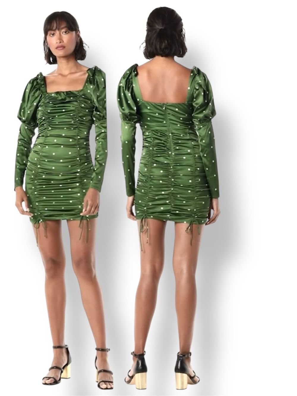 For Love & Lemons Davies Satin Polka Dot Bodycone Mini Dress Green White S